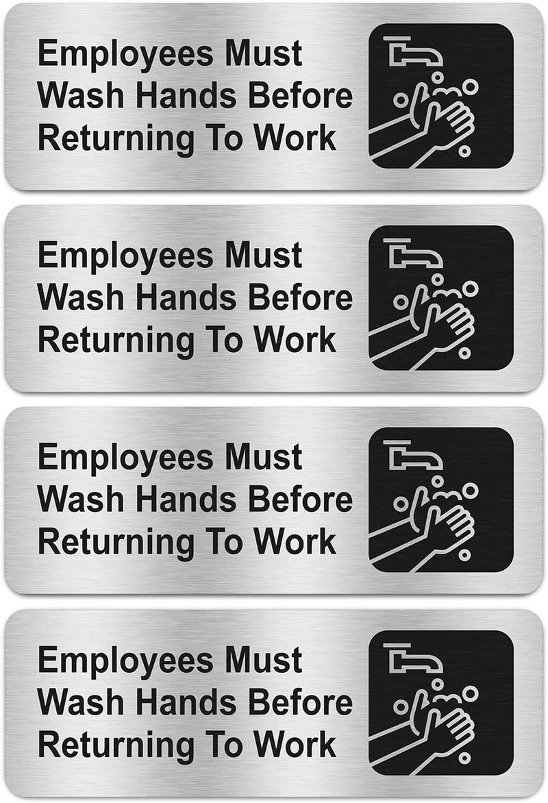 Faittoo Employees Must Wash Hands Before Returning to Work Sign, (4 Pack) Rust Free Brushed Aluminum Sign with Symbols, Self-adhesive, for Restaurant, Salons, Hotel, Rest Stops, Public Restrooms - Image 1